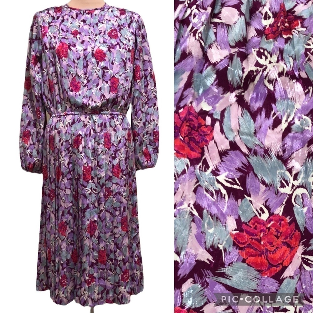 Vintage Midi Dress Size 8 Pleated Purple Red Floral Print Blouson Sleeve